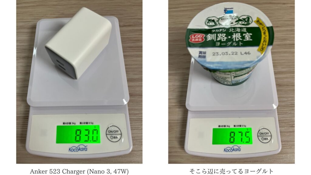 Anker 523 Charger (Nano 3, 47W)とヨーグルトの重量比較